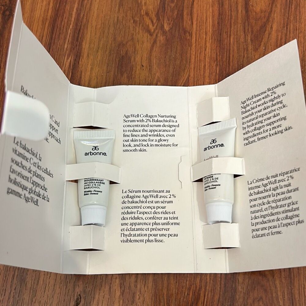 NEW arbonne Age well sample package 2 piece collagen nurturing serum intense rep